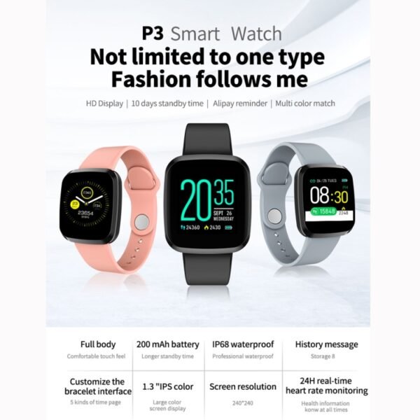 P3 1.3 inch IPS Color Screen IP68 Waterproof Smart Watch Wristband,Support Message Reminder / Heart Rate Monitor / Blood Oxygen Monitoring / Blood Pressure Monitoring/ Sleeping Monitoring - Image 3