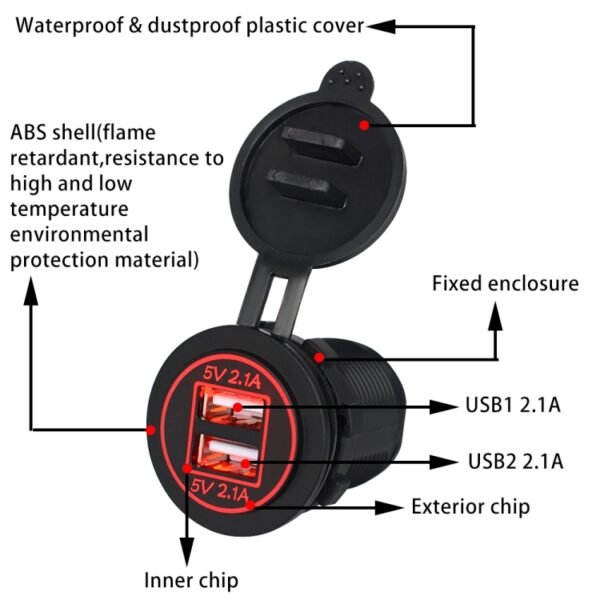 Universal Car Charger 2 Port Power Socket Power Dual USB Charger 5V 4.2A IP66 with Aperture, 4.2A with Aperture (Red Light) - Image 7