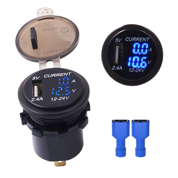 Universal Car Single Port USB Charger Power Outlet Adapter 2.4A 5V IP66 with LED Digital Voltmeter + Ammeter, 2.4A Voltmeter + Ammeter(Blue Light), 2.4A Voltmeter + Ammeter(Red Light)