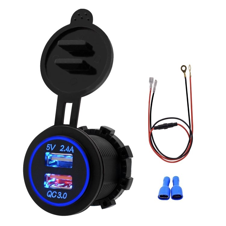 Universal Car QC3.0 Dual Port USB Charger Power Outlet Adapter 5V 2.4A IP66 with 60cm Cable, 2.4A + 60cm Cable(Blue Light), 2.4A + 60cm Cable (Green Light), 2.4A + 60cm Cable (Red Light), 2.4A + 60cm Cable (White Light)