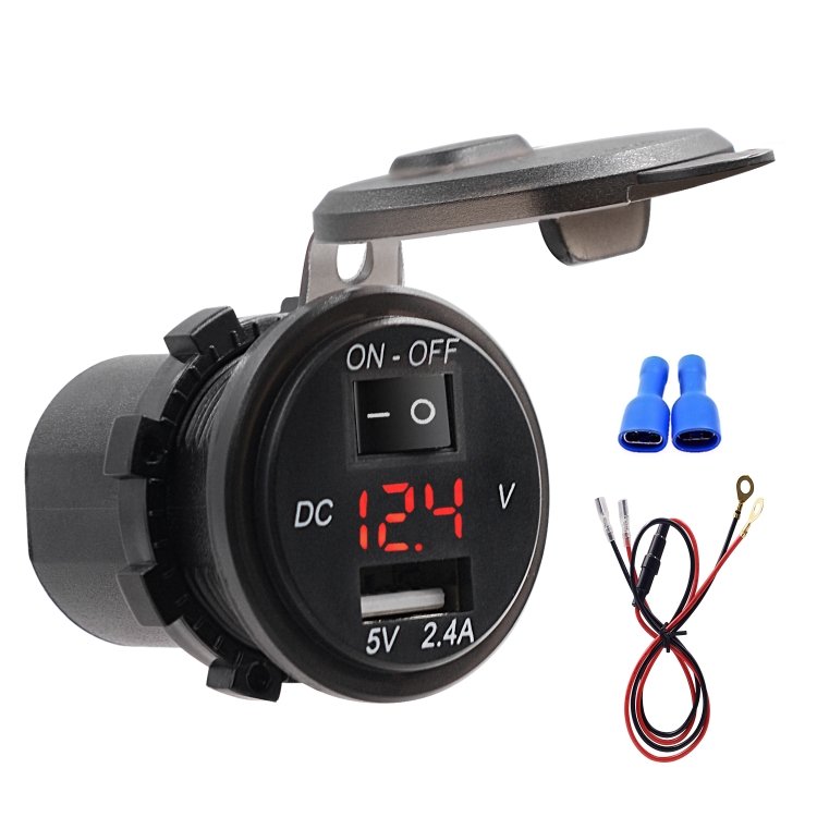 Universal Car Single Port USB Charger Power Outlet Adapter 2.4A 5V IP66 with LED Digital Voltmeter + Switch + 60cm Cable, 2.4A + Switch + 60cm Cable (Red Light)
