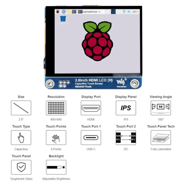 Waveshare 2.8 inch 480x640 HDMI IPS LCD Display (H) Fully Laminated Screen - Image 2
