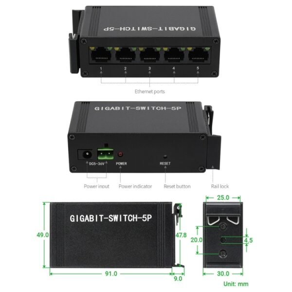 Waveshare Industrial 5P Gigabit Ethernet Switch, Full-Duplex 10/100/1000M, DIN Rail Mount - Image 7