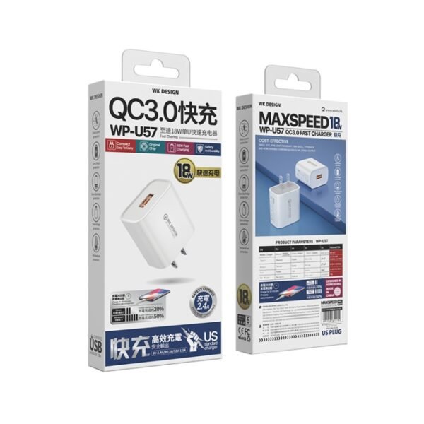 WK WP-U57 Max 18W Maxspeed QC3.0 Fast Charger +  USB to Micro USB Data Cable, US Plug, EU Plug, UK Plug - Image 3