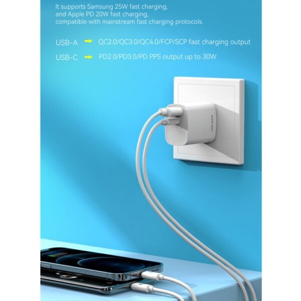 ROCK T51 31W Type-C / USB-C + USB PD Dual Ports Fast Charging Travel Charger Power Adapter,, EU Plug, UK Plug - Image 3
