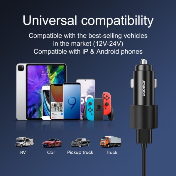 JOYROOM JR-CL10 4.8A Dual USB Car Charger with 3 In 1 Charging Cable, Charger with Cable - Image 7