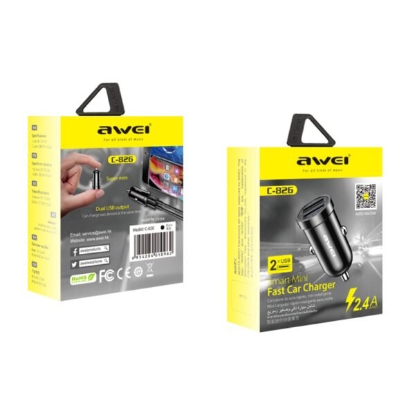 awei C-826 Mini Dual USB 2.4A Car Charger, C-826 - Image 3