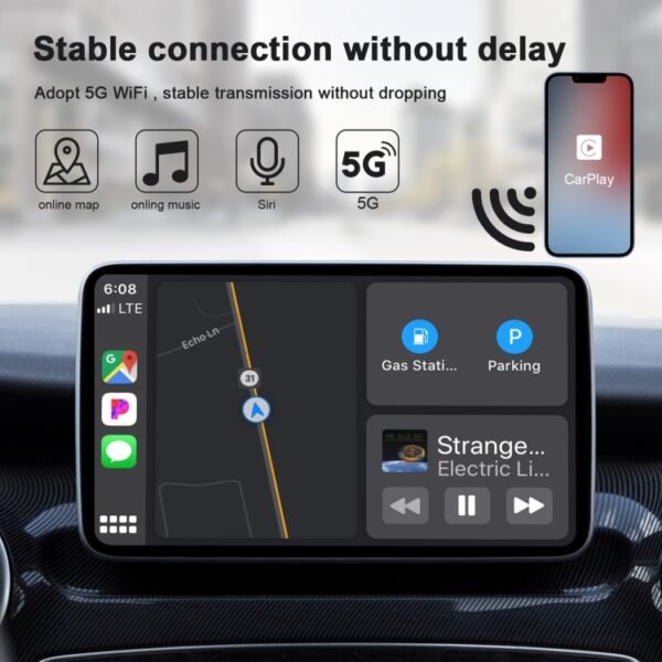 USB + USB-C / Type-C Wired to Wireless Carplay Adapter for iPhone, Black Rectangle - Image 7