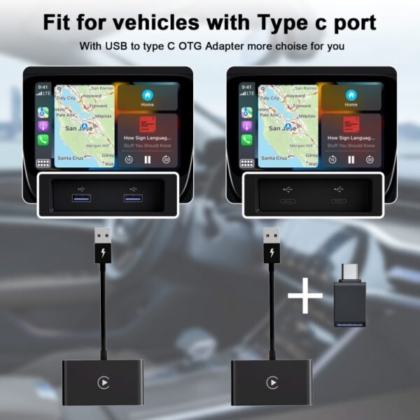 USB + USB-C / Type-C Wired to Wireless Carplay Adapter for iPhone, Black Rectangle - Image 8