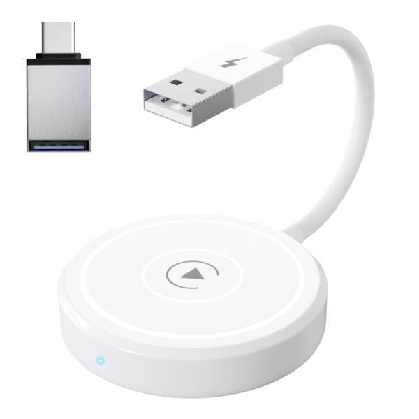 USB + USB-C / Type-C Wired to Wireless Carplay Adapter for iPhone, White Round