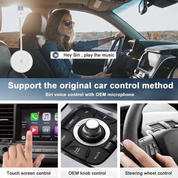 USB + USB-C / Type-C Wired to Wireless Carplay Adapter for iPhone, White Round - Image 4