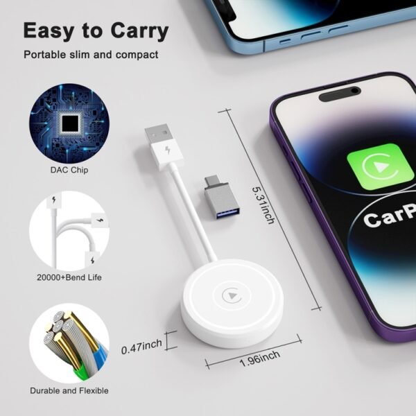 USB + USB-C / Type-C Wired to Wireless Carplay Adapter for iPhone, White Round - Image 6