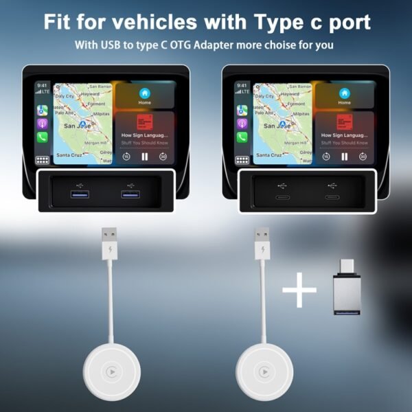 USB + USB-C / Type-C Wired to Wireless Carplay Adapter for iPhone, White Round - Image 7