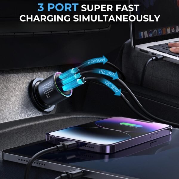 JOYROOM JR-CCN07 120W Dual PD+QC3.0 3-Port Car Charger, JR-CCN07 - Image 3