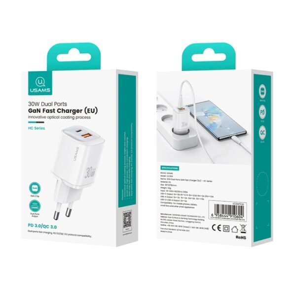 USAMS CC254 30W USB+USB-C / Type-C Dual Port GaN Fast Charger, EU Plug, CC254 - Image 3