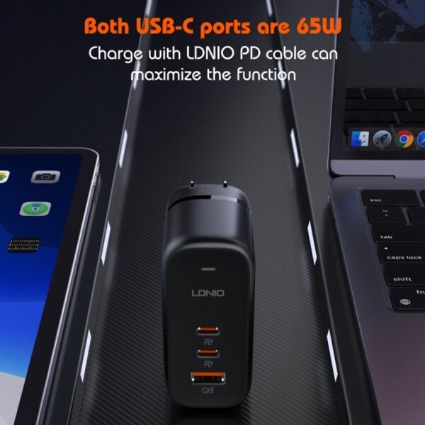 LDNIO Q366 65W USB + Dual Type-C Port Charger with 1m USB-C / Type-C to USB-C / Type-C Data Cable, EU Plug, UK Plug, US Plug - Image 2