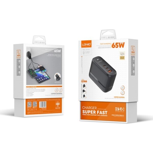 LDNIO Q366 65W USB + Dual Type-C Port Charger with 1m USB-C / Type-C to USB-C / Type-C Data Cable, EU Plug, UK Plug, US Plug - Image 11