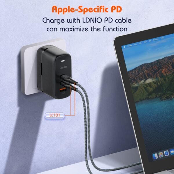 LDNIO Q366 65W USB + Dual Type-C Port Charger with 1m USB-C / Type-C to USB-C / Type-C Data Cable, EU Plug, UK Plug, US Plug - Image 5