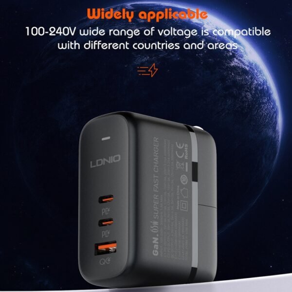 LDNIO Q366 65W USB + Dual Type-C Port Charger with 1m USB-C / Type-C to USB-C / Type-C Data Cable, EU Plug, UK Plug, US Plug - Image 9