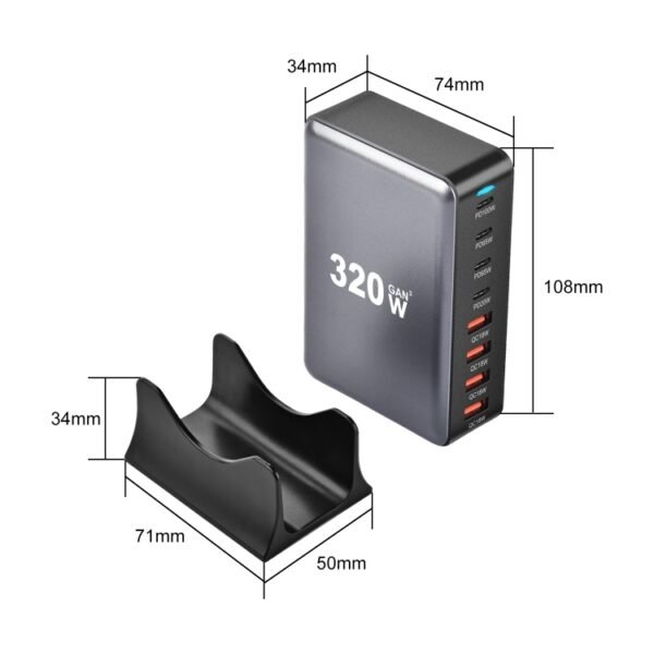YMX-320W GaN 320W USB x 4, USB-C / Type-C x 4 Fast Charger, US Plug, UK Plug, AU Plug, EU Plug - Image 5