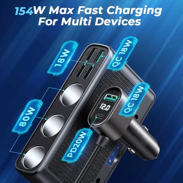 JOYROOM JR-CL06 9 in 1 154W PD USB-C / Type-C + Dual QC3.0 USB + 3 USB + 3 Cigarette Lighter Holes Digital Display Car Charger, JR-CL06 - Image 2