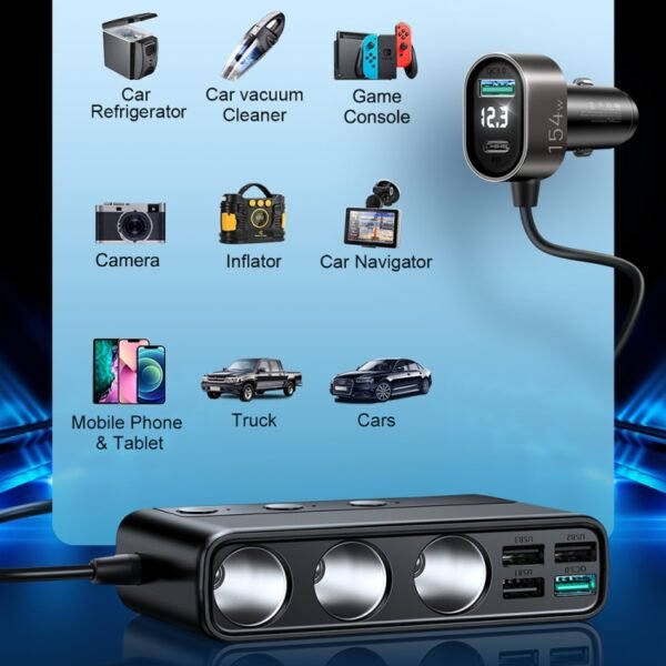 JOYROOM JR-CL06 9 in 1 154W PD USB-C / Type-C + Dual QC3.0 USB + 3 USB + 3 Cigarette Lighter Holes Digital Display Car Charger, JR-CL06 - Image 3