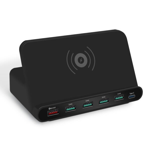 828W 7 in 1 60W QC 3.0 USB Interface + 4 USB Ports + USB-C / Type-C Interface + Wireless Charging Multi-function Charger with Mobile Phone Holder Function, AU Plug, AU Plug Black, AU Plug White - Image 2