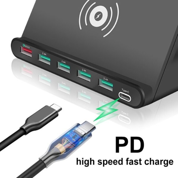 828W 7 in 1 60W QC 3.0 USB Interface + 4 USB Ports + USB-C / Type-C Interface + Wireless Charging Multi-function Charger with Mobile Phone Holder Function, AU Plug, AU Plug Black, AU Plug White - Image 5