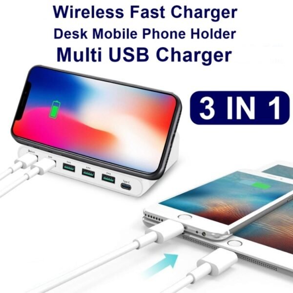 828W 7 in 1 60W QC 3.0 USB Interface + 4 USB Ports + USB-C / Type-C Interface + Wireless Charging Multi-function Charger with Mobile Phone Holder Function, AU Plug, AU Plug Black, AU Plug White - Image 6