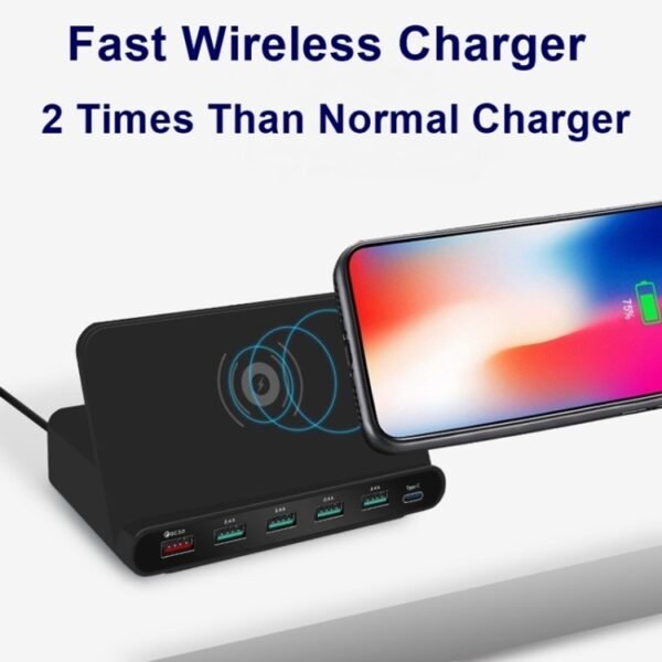 828W 7 in 1 60W QC 3.0 USB Interface + 4 USB Ports + USB-C / Type-C Interface + Wireless Charging Multi-function Charger with Mobile Phone Holder Function, AU Plug, AU Plug Black, AU Plug White - Image 8