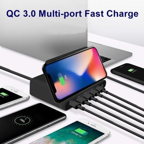828W 7 in 1 60W QC 3.0 USB Interface + 4 USB Ports + USB-C / Type-C Interface + Wireless Charging Multi-function Charger with Mobile Phone Holder Function, AU Plug, AU Plug Black, AU Plug White - Image 10