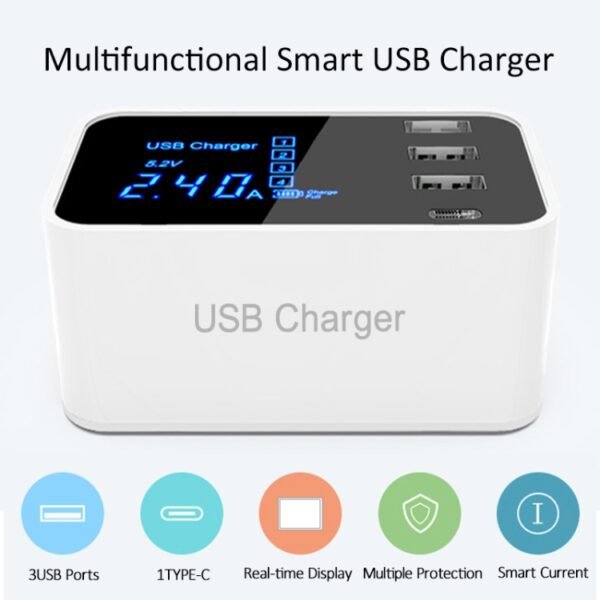 CDA30 20W 3 USB Ports + USB-C / Type-C Ports Multi-function Charger with LED Display, US Plug - Image 5