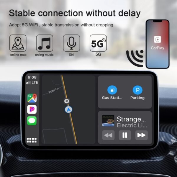 USB + USB-C / Type-C Wired to Wireless Carplay Adapter for iPhone, White Rectangle - Image 3