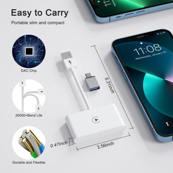 USB + USB-C / Type-C Wired to Wireless Carplay Adapter for iPhone, White Rectangle - Image 7