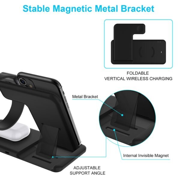 Q20 4 In 1 Wireless Charger Charging Holder Stand Station with Adapter For iPhone / Apple Watch / AirPods, Support Dual Phones Charging, Wireless Charger with Adapter - Image 5