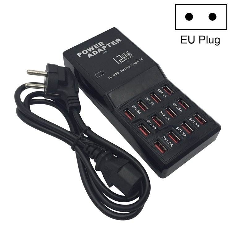 W-858 12A 12 Ports USB Fast Charging Dock Desktop Smart Charger AC100-240V, EU Plug, EU Plug