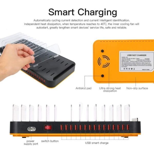 WLX-815 100W 15 Ports USB Fast Charging Dock Smart Charger with Phone & Tablet Holder, 100W US Plug, 100W EU Plug, 100W UK Plug, 100W AU Plug - Image 4