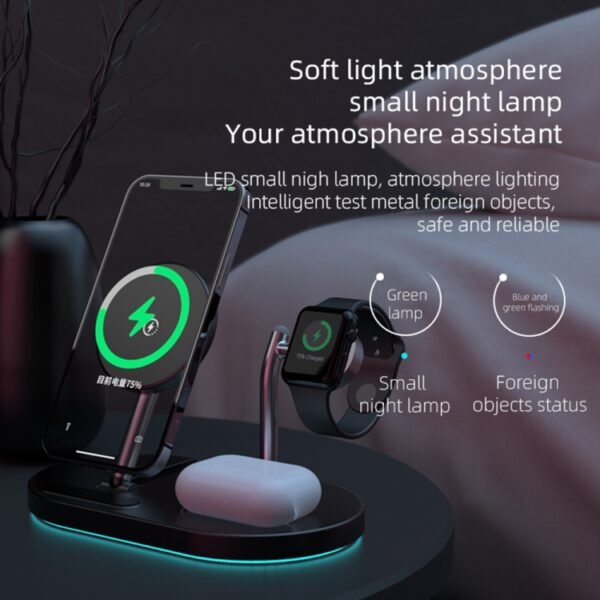 S20 4 in 1 15W Multifunctional Magnetic Wireless Charger with Night Light & Holder for Mobile Phones / AirPods, S20 White - Image 3