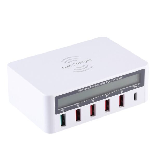WLX-818F 6 in 1 10W QC3.0 Wireless Charging + USB-C / Type-C + 4 USB Ports Charger with Smart LCD Display Screen, EU / AU Plug - Image 2