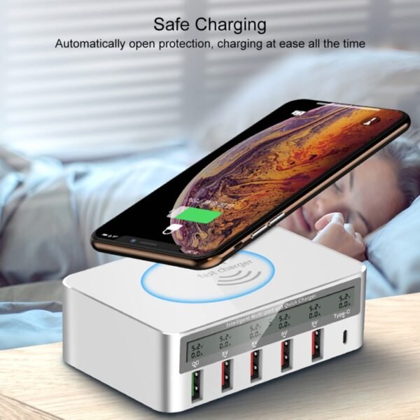 WLX-818F 6 in 1 10W QC3.0 Wireless Charging + USB-C / Type-C + 4 USB Ports Charger with Smart LCD Display Screen, EU / AU Plug - Image 11