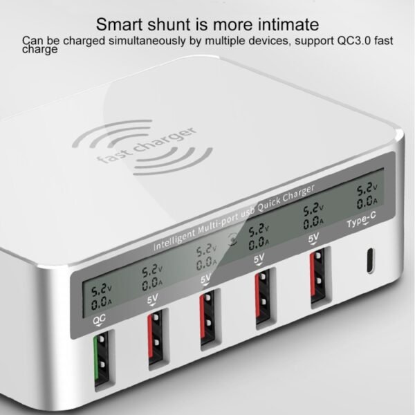 WLX-818F 6 in 1 10W QC3.0 Wireless Charging + USB-C / Type-C + 4 USB Ports Charger with Smart LCD Display Screen, EU / AU Plug - Image 8
