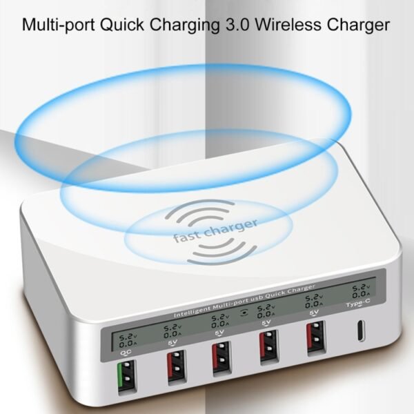WLX-818F 6 in 1 10W QC3.0 Wireless Charging + USB-C / Type-C + 4 USB Ports Charger with Smart LCD Display Screen, EU / AU Plug - Image 9