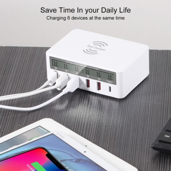 WLX-818F 6 in 1 10W QC3.0 Wireless Charging + USB-C / Type-C + 4 USB Ports Charger with Smart LCD Display Screen, EU / AU Plug - Image 10