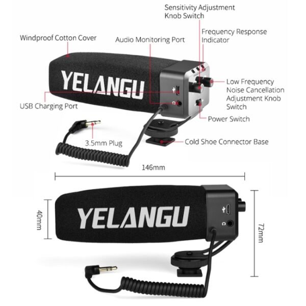 YELANG MIC09 Shotgun Gain Condenser Broadcast Microphone with Windshield for Canon / Nikon / Sony DSLR Cameras, Smartphones - Image 12