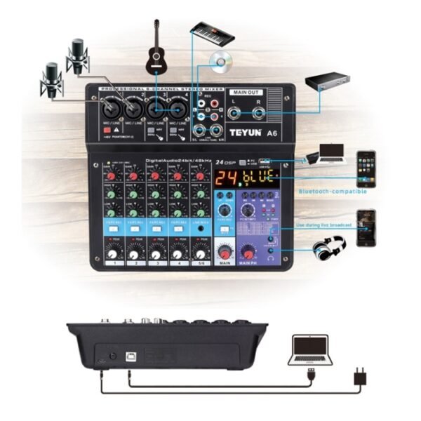 TEYUN NA6 6-channel Small Mixing Console Mobile Phone Sound Card Live Broadcast Computer Recording Console Processor, US Plug, NA6 US Plug - Image 4