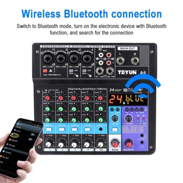 TEYUN NA6 6-channel Small Mixing Console Mobile Phone Sound Card Live Broadcast Computer Recording Console Processor, US Plug, NA6 US Plug - Image 5