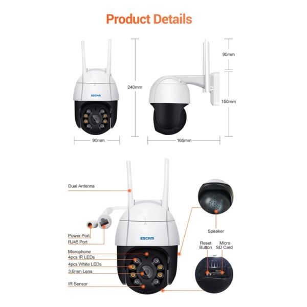 ESCAM QF218 1080P Pan / Tilt AI Humanoid Detection IP66 Waterproof WiFi IP Camera, Support ONVIF / Night Vision / TF Card / Two-way Audio, US Plug, NC1228AU, NC1228EU, NC1228UK, NC1228US - Image 5
