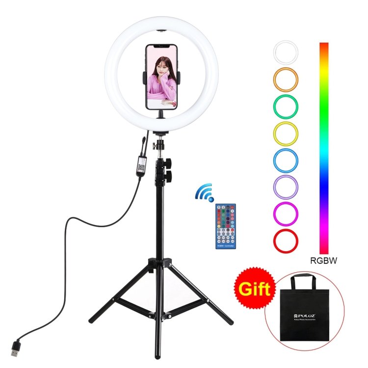 PULUZ 1.1m Tripod Mount + 10.2 inch 26cm RGBW LED Ring Vlogging Video Light  Live Broadcast Kits with Remote Control & Cold Shoe Tripod Ball Head & Phone Clamp(Black)