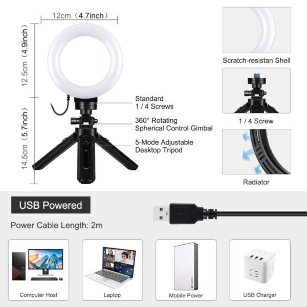 PULUZ 4.7 inch 12cm USB 3 Modes Dimmable LED Ring Vlogging Photography Video Lights + Pocket Tripod Mount Kit with Cold Shoe Tripod Ball Head, 4.7 inch Light+Pocket Tripod - Image 2