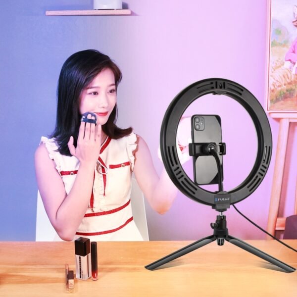 PULUZ 10.2 inch 26cm Marquee LED RGBWW Selfie Beauty Light + Desktop Tripod Mount 168 LED Dual-color Temperature Dimmable Ring Vlogging Photography Video Lights with Cold Shoe Tripod Ball Head & Remote Control & Phone Clamp, 10.2 inch RGBWW+Desktop Mount - Image 12